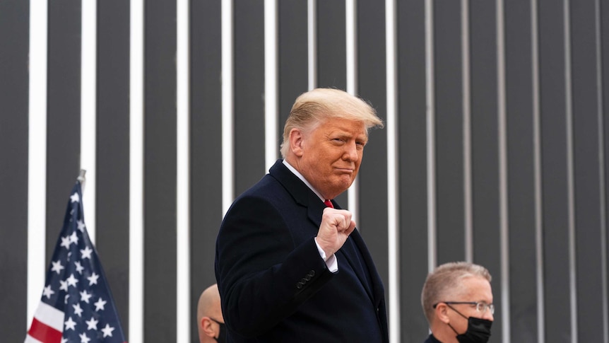 Donald Trump is standing in front of a wall as he pumps his fist and smiles
