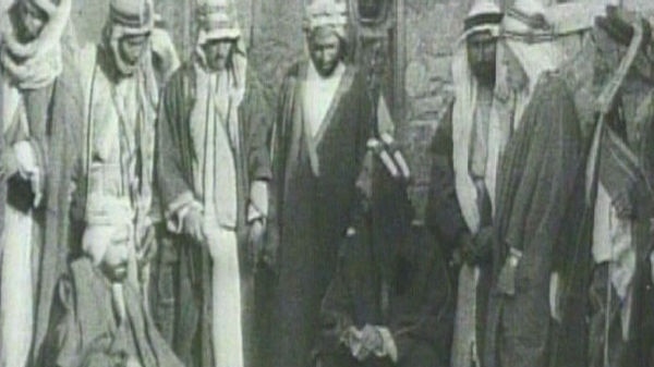 Still from rare footage of Lawrence of Arabia, Emir Feisal and Arab officials