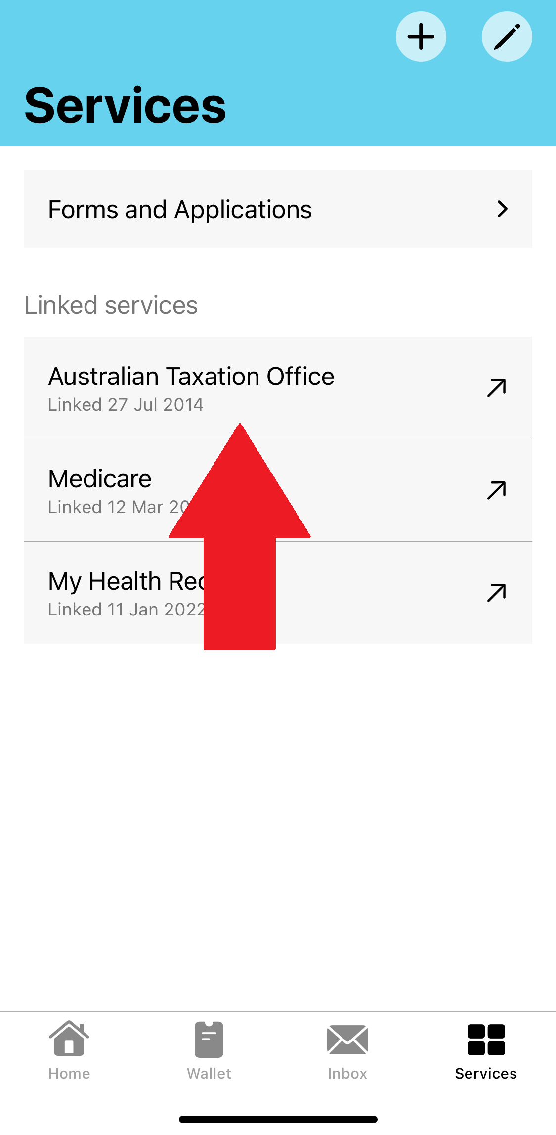 A screenshot of the MyGov app with a red arrow pointing to the Australian Taxation Office