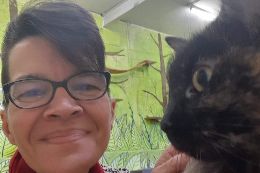 Close up of a woman with brown hair and glasses and a tortoise shell cat's face