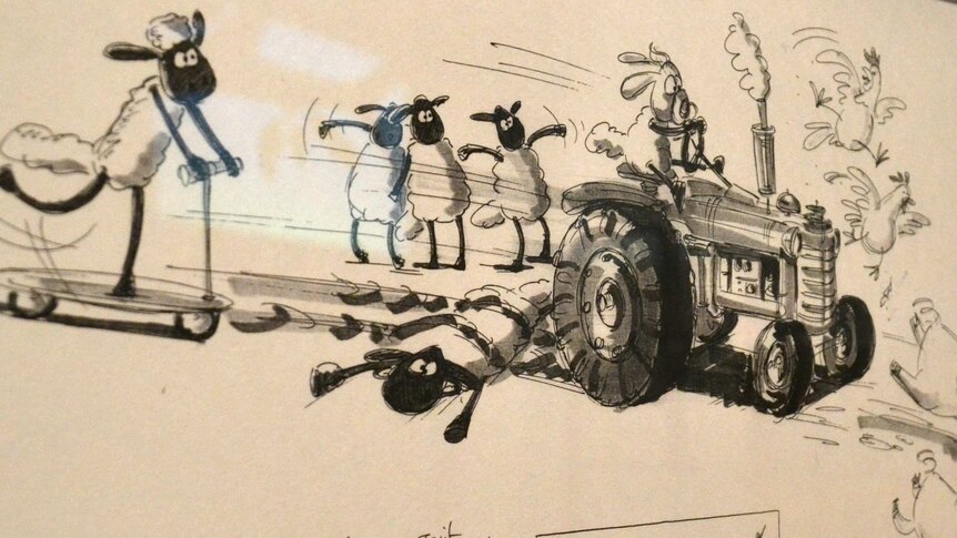Sketch of Shaun the Sheep characters being hot by tractor.