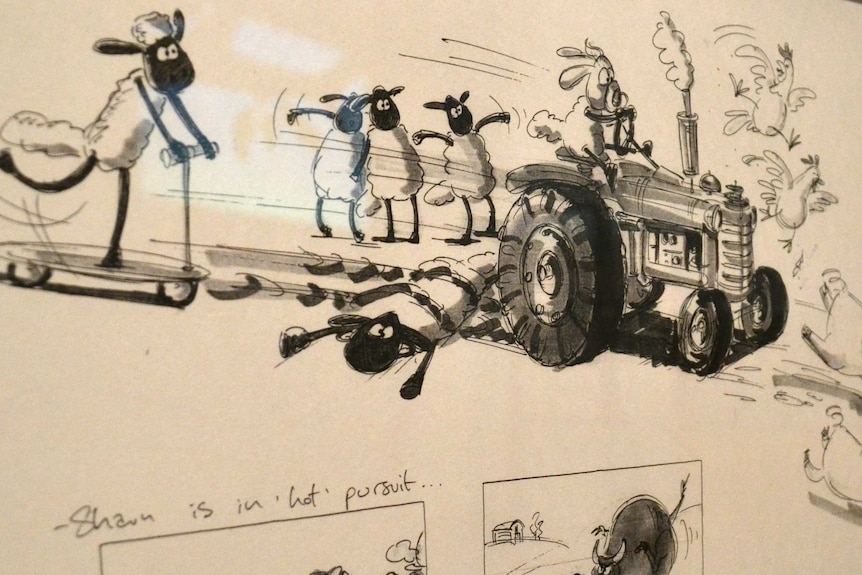 Sketch of Shaun the Sheep characters being hot by tractor.