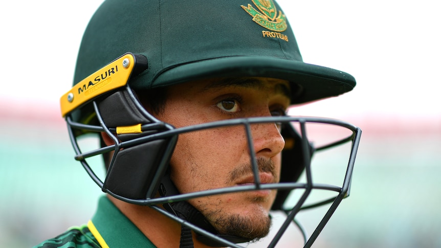 Headshot of South African cricketer Quinton de Kock with his head gear on