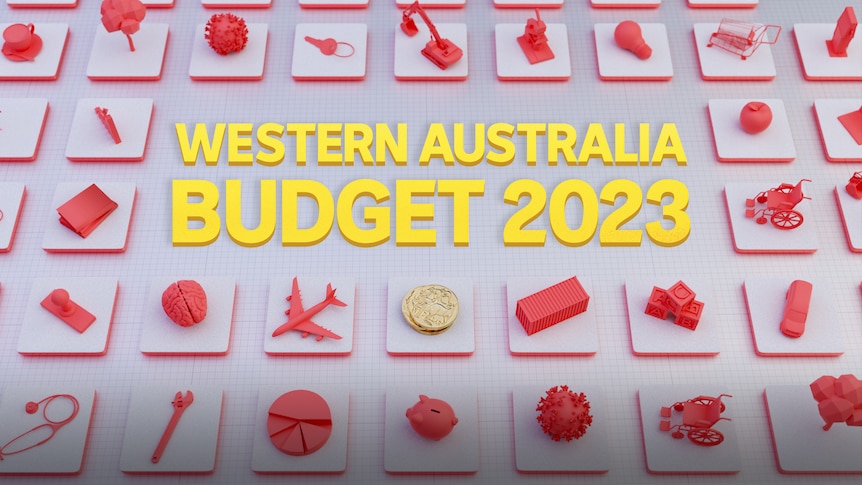 A graphic featuring various economic symbols, and the text 'Western Australia budget 2023'