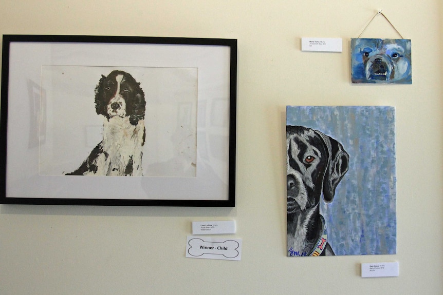 Three drawings of dogs on a wall