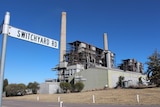 The Liddell Power Station is seen from across a road. The sky is blue and the grass is dry.