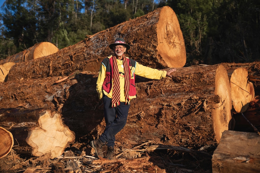 A man wearing Aboriginal colours and a wide brim hat smiles and stands in front of huge logs 