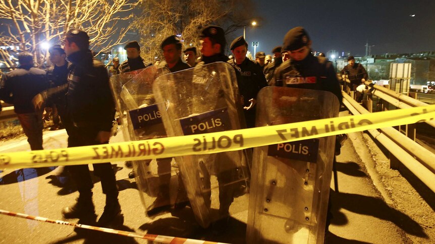 Riot police at scene of pipe bomb explosion in Istanbul