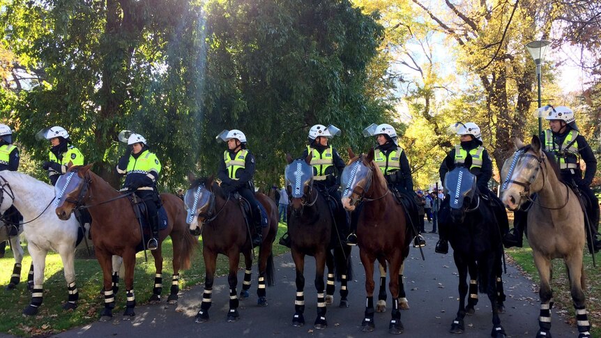 Victoria Police officers on horseback at a rally in Melbourne.
