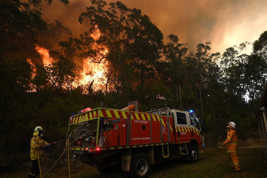 Firefighters stand near a fire truck in a bushland area, looking up a large blaze in the trees filling the sky.