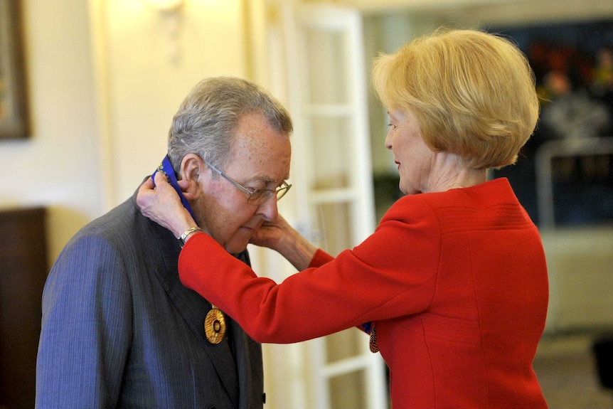James Fairfax receives the Order of Australia from Governor General Quentin Bryce in Canberra, Friday, Sept. 17, 2010 during the Queens Birthday Honours investiture