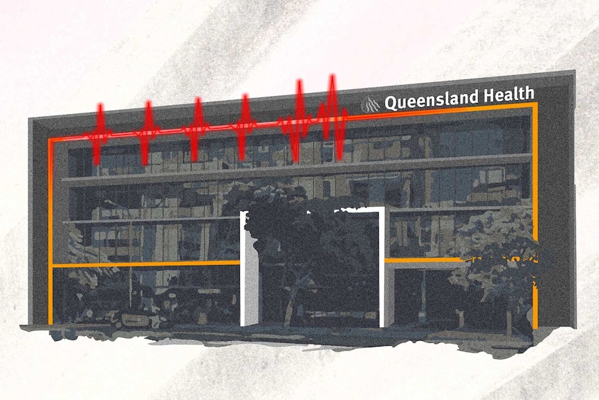 An illustrated version of Queensland Health's building at Herston. A heart beat line runs along the front of it.