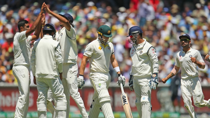 India celebrates the wicket of Shane Watson