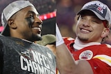 On the left is an image of Raheem Mostert, cap backwards, smiling. On the right is Patrick Mahomes, smiling widely.