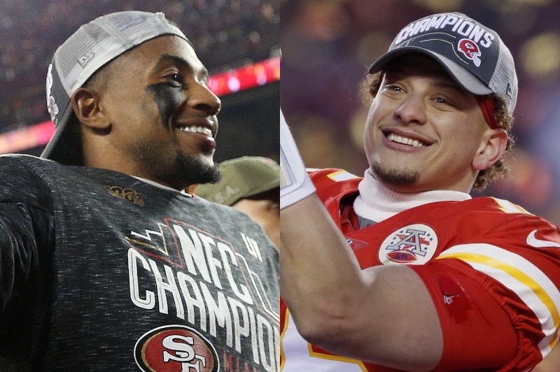 On the left is an image of Raheem Mostert, cap backwards, smiling. On the right is Patrick Mahomes, smiling widely.