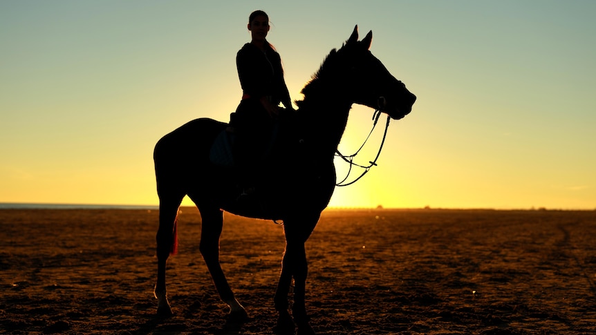 A horse and rider silhouetted at sunset. 