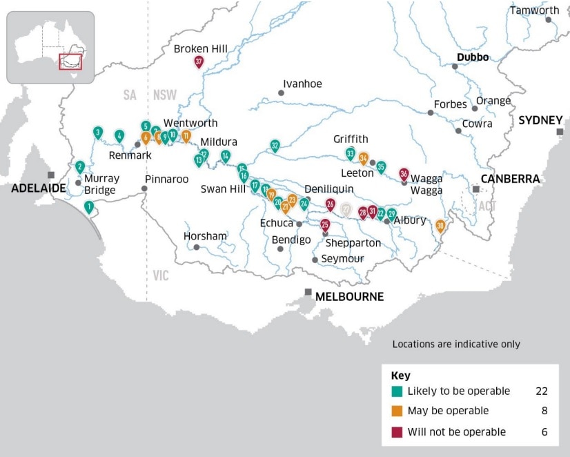 A map showing where 36 projects are planned along a river system.