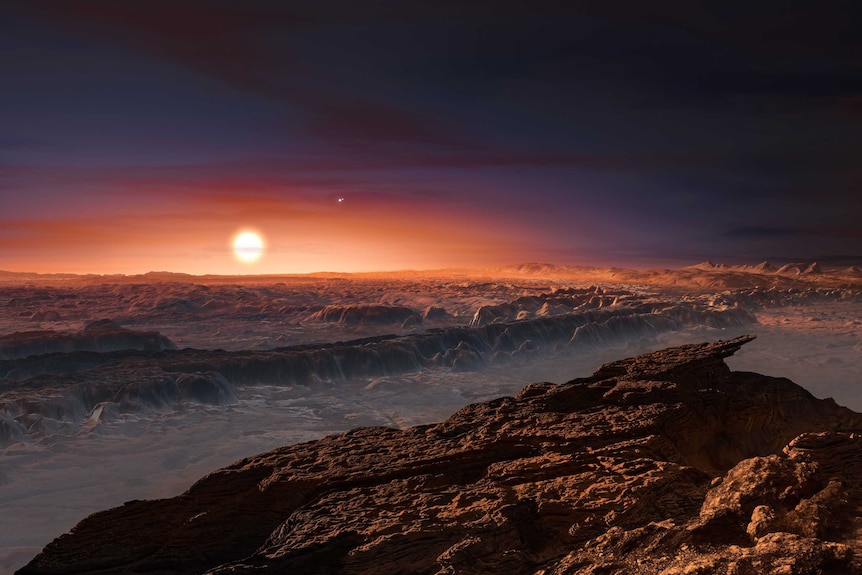 An artist's impression of a view of the surface of the planet Proxima b.