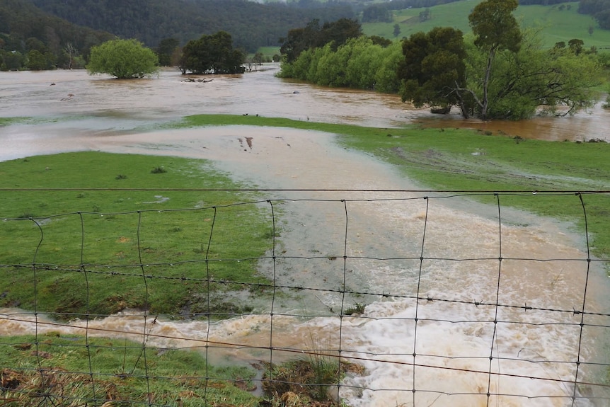 A large expanse of floodwater over green farmland, viewed through a farm fence.