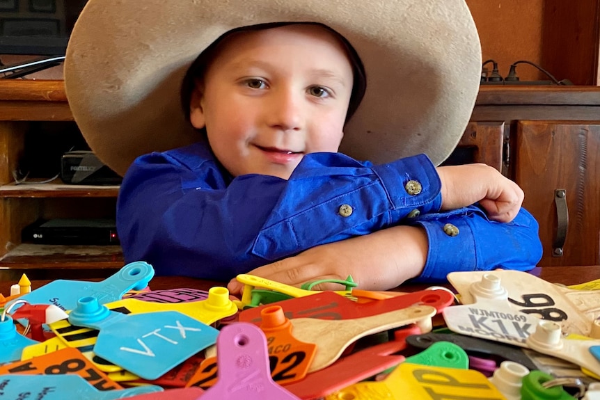 A young boy in a large hat folds his arms and smiles. His large ear tag collection is in front of him.