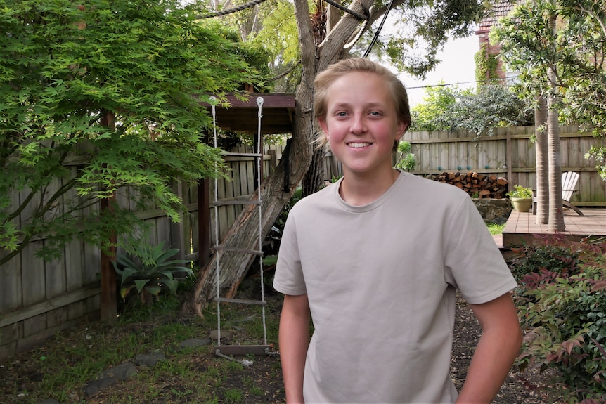 A young boy wearing a grey shirt stands in a backyard with a treehouse and deck behind him.