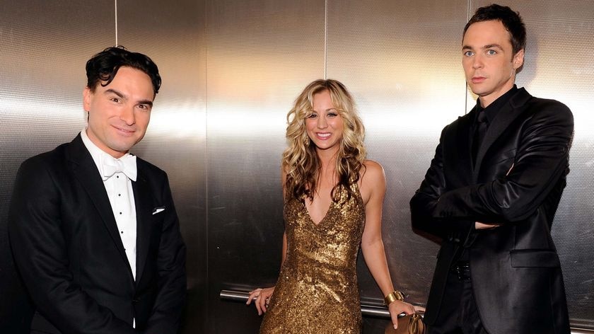 Big Bang Theory stars LtoR Johnny Galecki, Kaley Cuoco and Jim Parsons pose for a photo