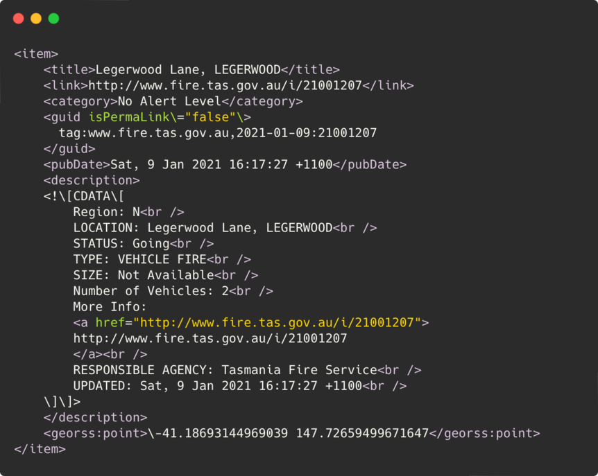 A code sample showing the XML structure of GeoRSS data