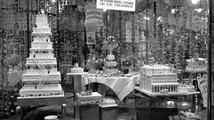 Display of elaborate decorated cakes made in Boans model kitchen on the premises in1930.