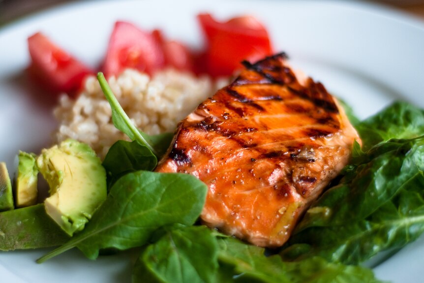 grilled piece of salmon serves with green leaves, avocado, rice and tomato on a plate.