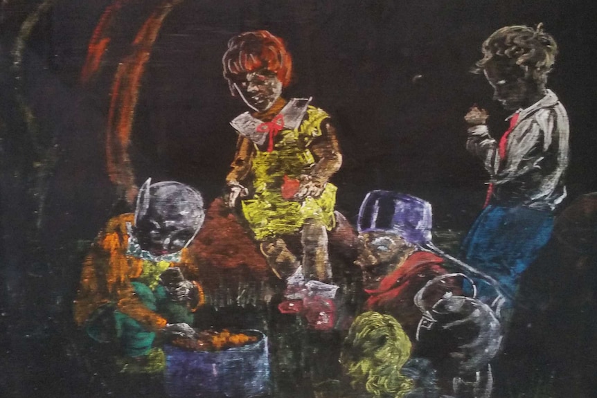 A chalk drawing of children, some with red eyes and pointy ears, sitting around a cauldron with saucepans.