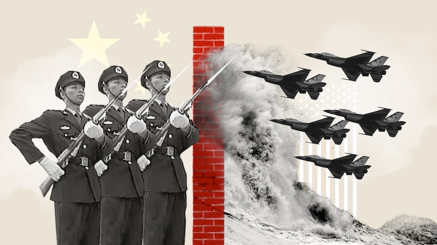 Graphic image of Chinese soldiers, military aircraft and giant waves crashing against a red brick wall