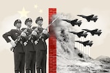 Graphic image of Chinese soldiers, military aircraft and giant waves crashing against a red brick wall