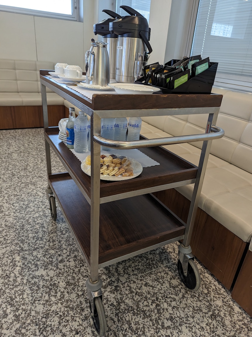 A trolley with tea, coffee and biscuits at the Reserve Bank headquarters in Sydney, April 6, 2023.
