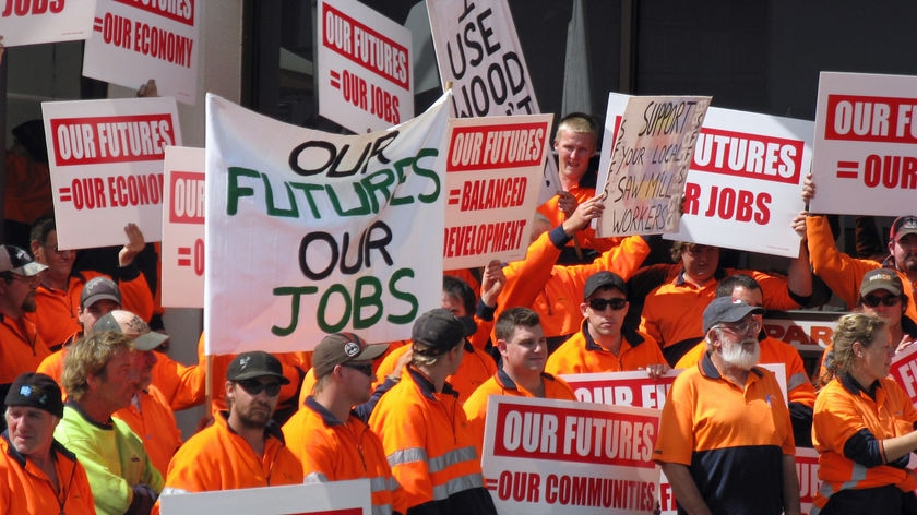 Tasmanian forestry workers outside the Greens' election campaign launch