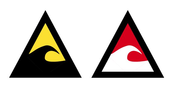 The Australian Warning Systems icons for Tsunami warnings.The Emergency icon is red, the Advice icon is yellow.