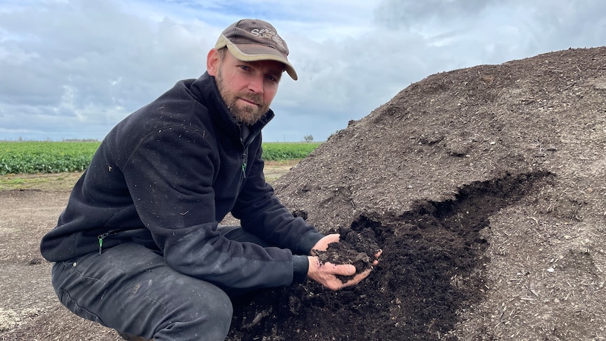 A farmer in a cap and work gear kneels beside a large pile of manure.