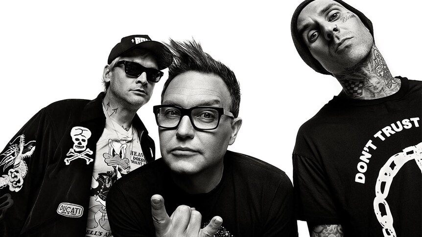 A 2019 black and white press shot of Blink-182
