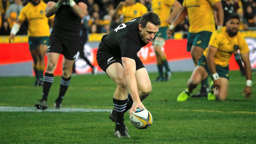 All Blacks' Ben Smith scores against the Wallabies