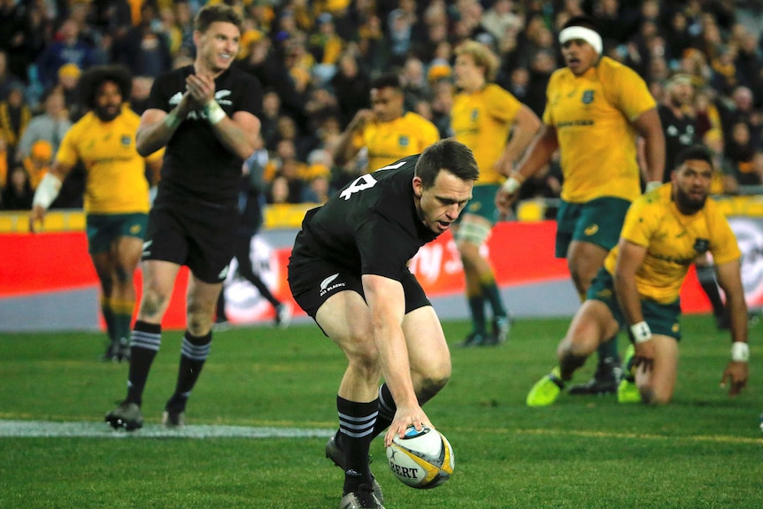 All Blacks' Ben Smith scores against the Wallabies