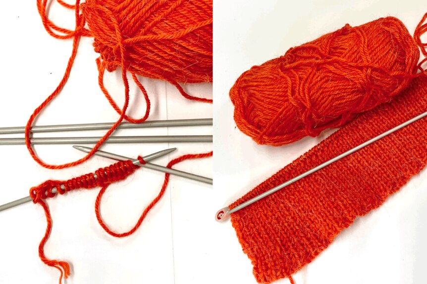On the left is a knitting needle with yarn wrapped around. On the right is a knitted rectangle of yarn.
