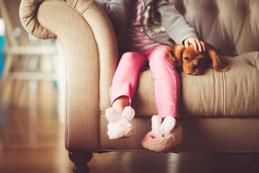 Child with bunny ear slippers on couch with dog looking sad