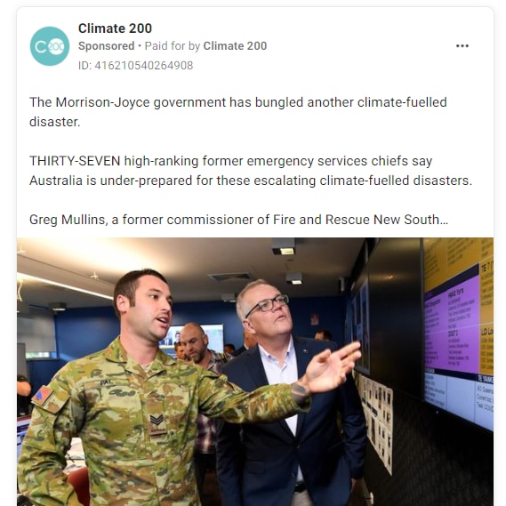 A sponsored ad by Climate 200 disparaging Prime Minister Scott Morrison's record on climate change action.