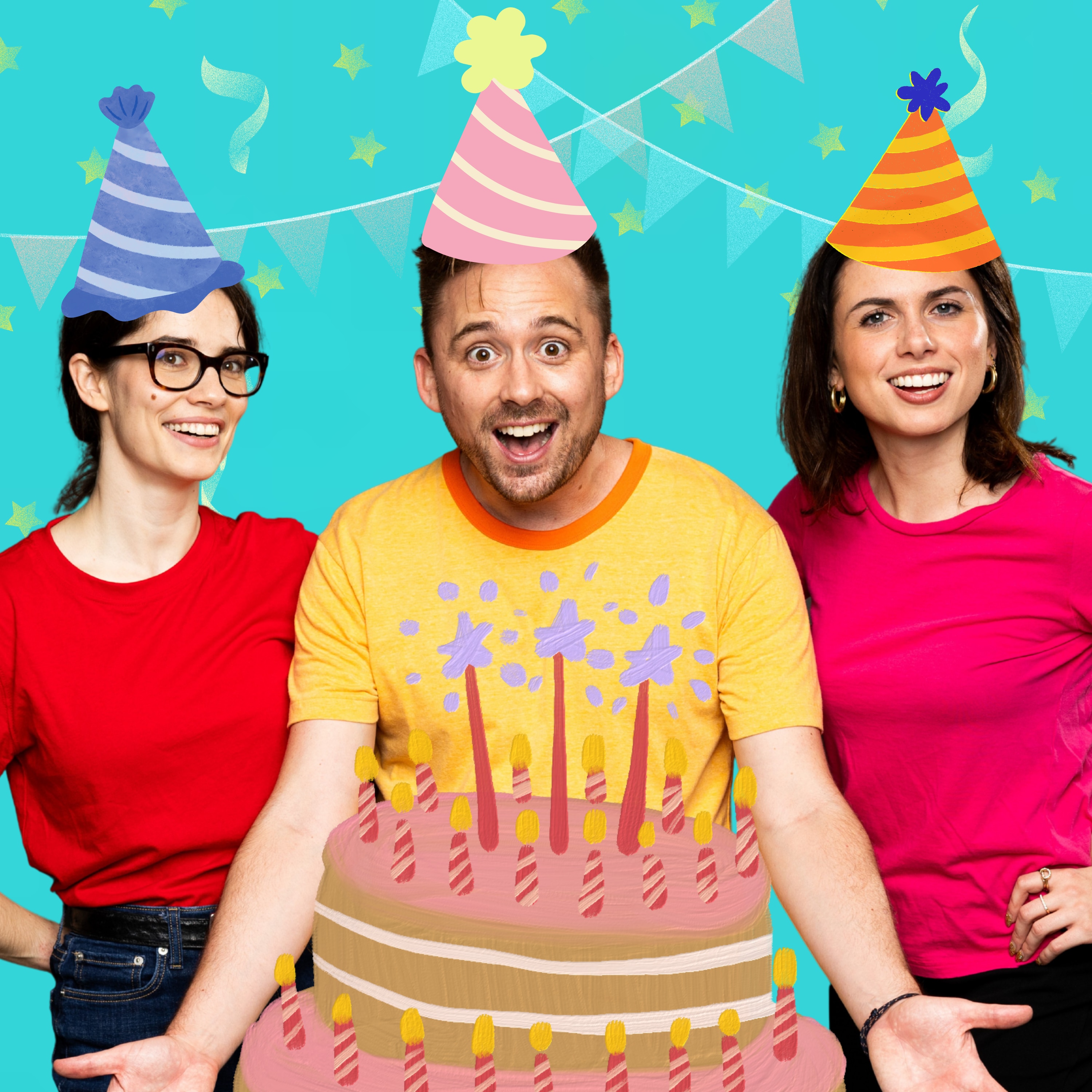 Molly, Carl and Eleanor smiling wearing cartoon party hats