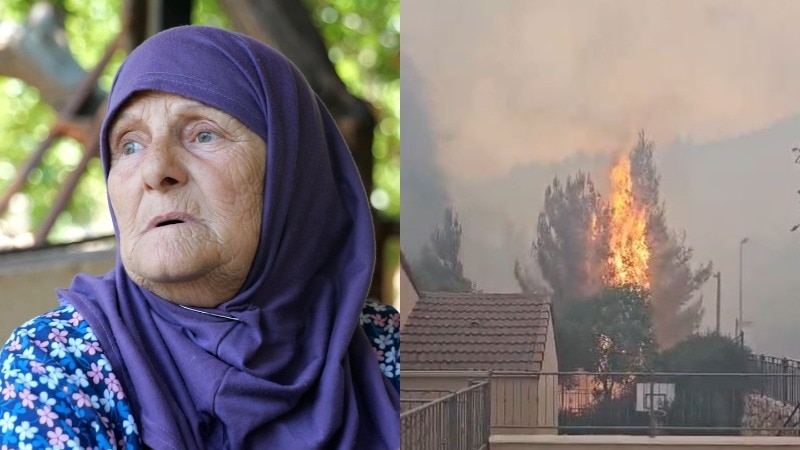 A split screen image of damage in Israel and a woman in southern Lebanon 