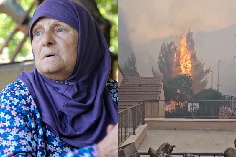 A split screen image of damage in Israel and a woman in southern Lebanon 