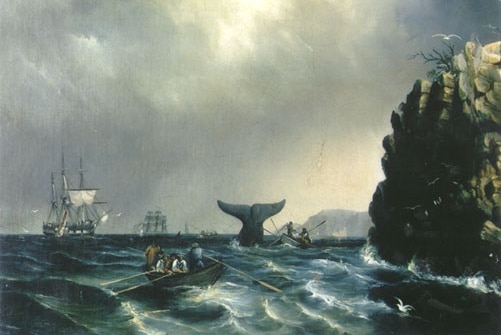 Historical painting depicting whaling off Tasmanian coast.