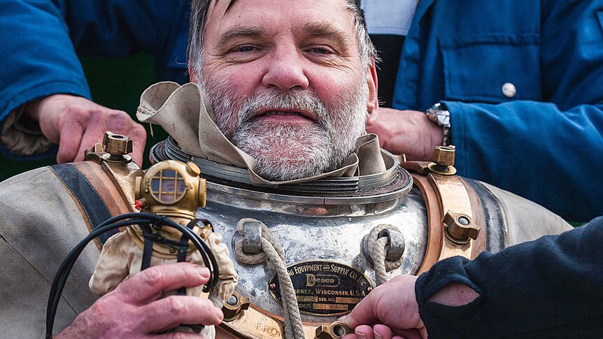 A participant in the world's only Standard Dress Diver's Course in Portland, Victoria