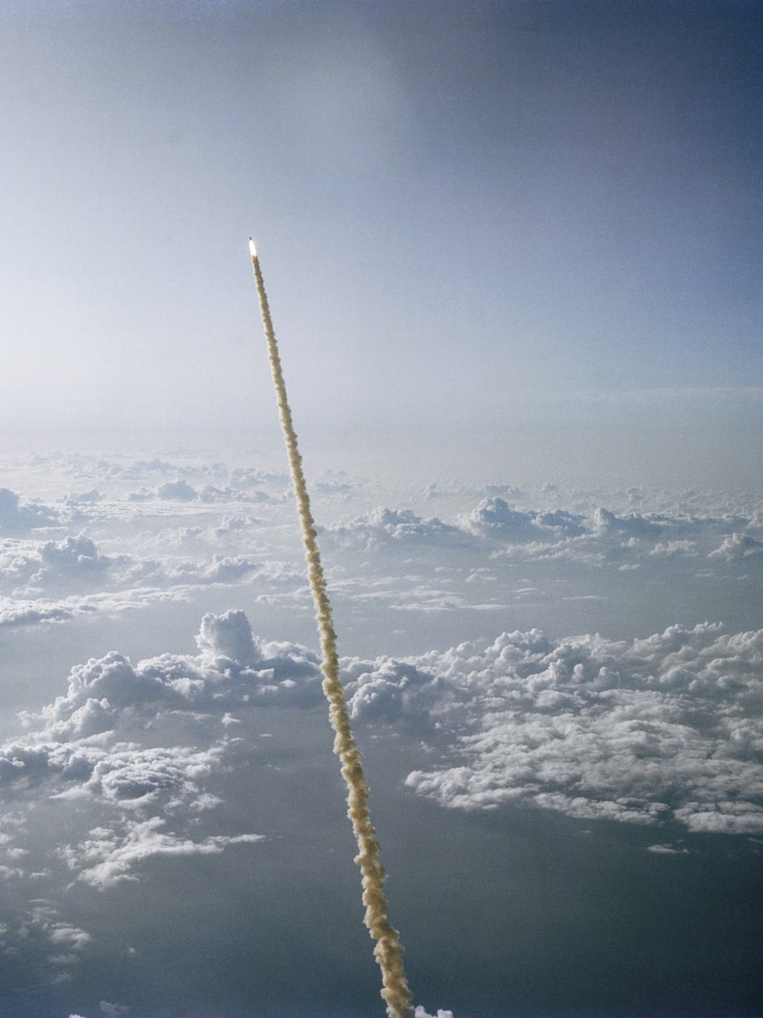 US space shuttle Challenger soars into space on June 18, 1983. Aboard was the first female astronaut, Sally Ride.