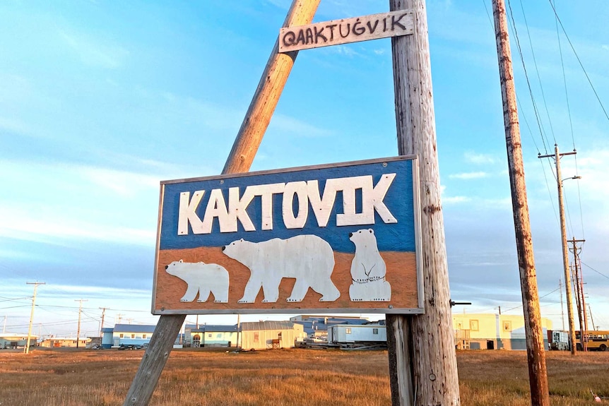 A sign reads 'Kaktovic' and shows three polar bears.