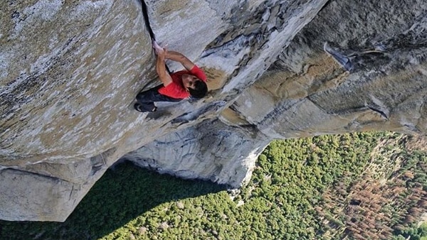 Alex Honnold climbs a crack in El Capitan